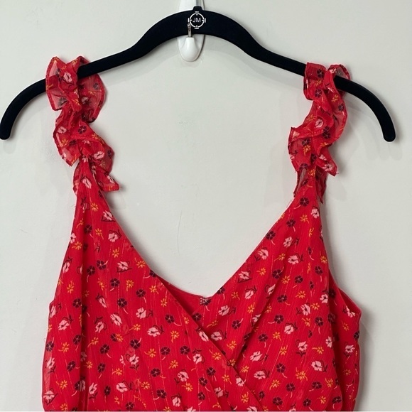 Madewell Ruffle Strap Wrap Dress Metallic Stripes Prairie Posies Red Floral - Picture 5 of 11
